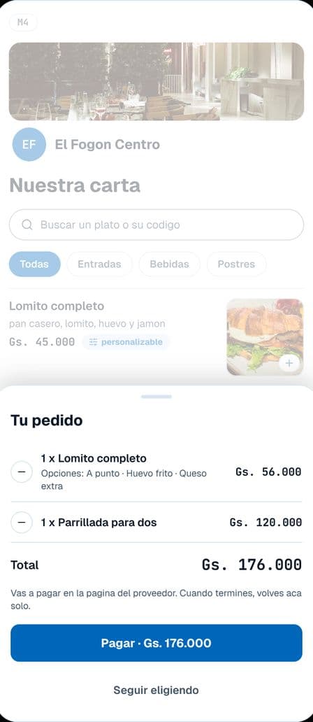 Pantalla del celular con el pedido de la mesa y el total antes de enviarlo