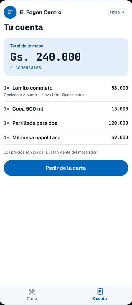 Pantalla del celular con la cuenta de la mesa y el total a pagar
