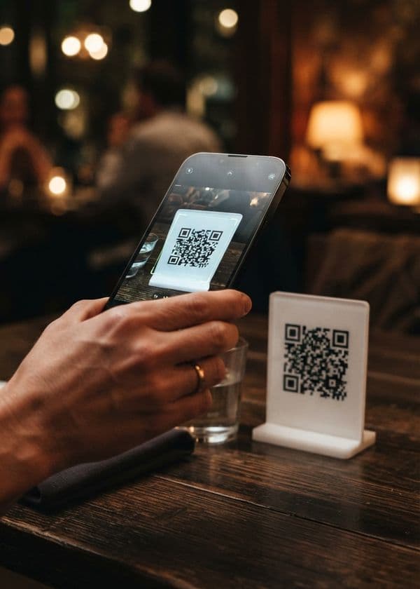 Una mano sostiene el celular escaneando el código QR de la mesa en un restaurante